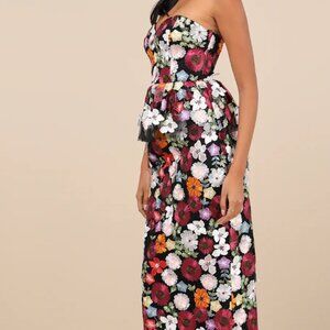 Black Multi 3D Floral Strapless Midi Dress